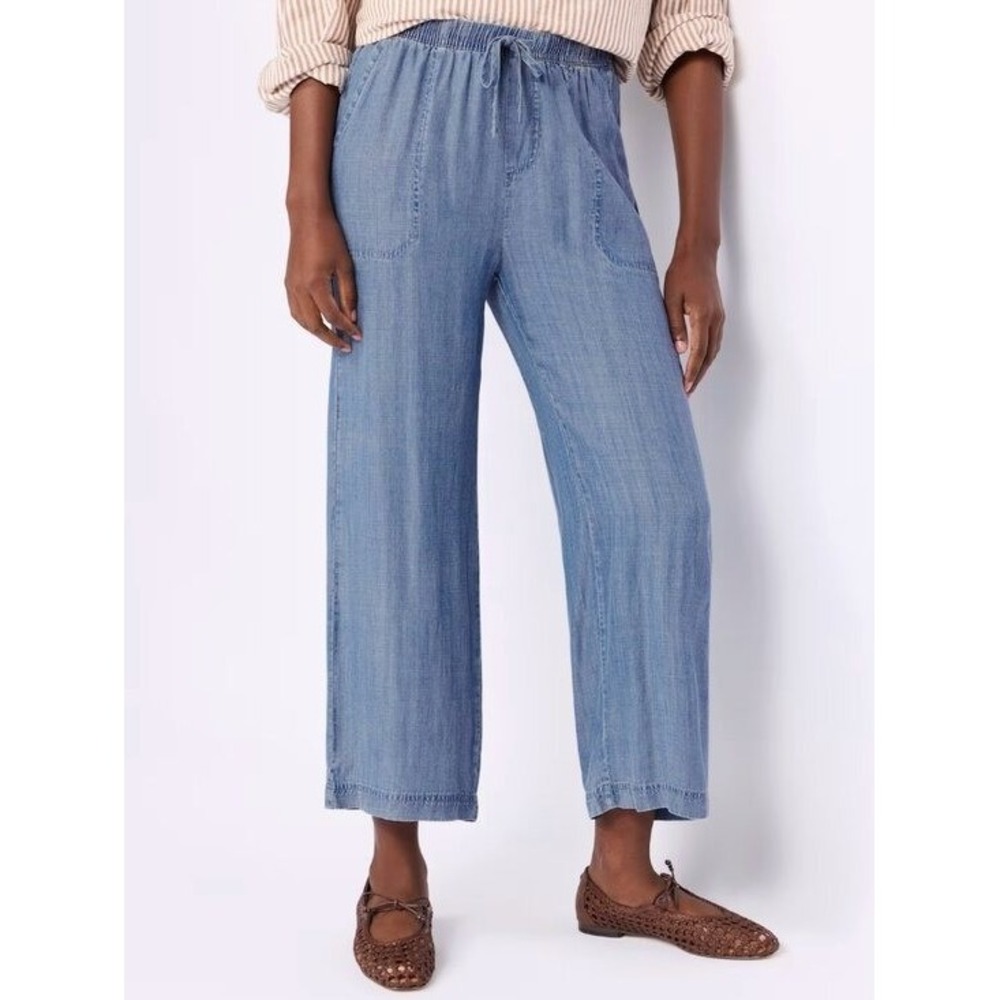 Club Z Collection Women's Wide Leg Pant Chambray Blue Pull On 100% Tencel